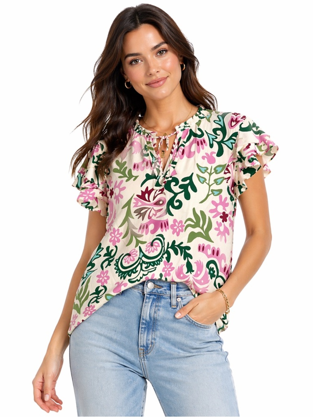 1. STATE Size XL Floral‎ Ruffle Sleeve Top - Pink, Green, Cream